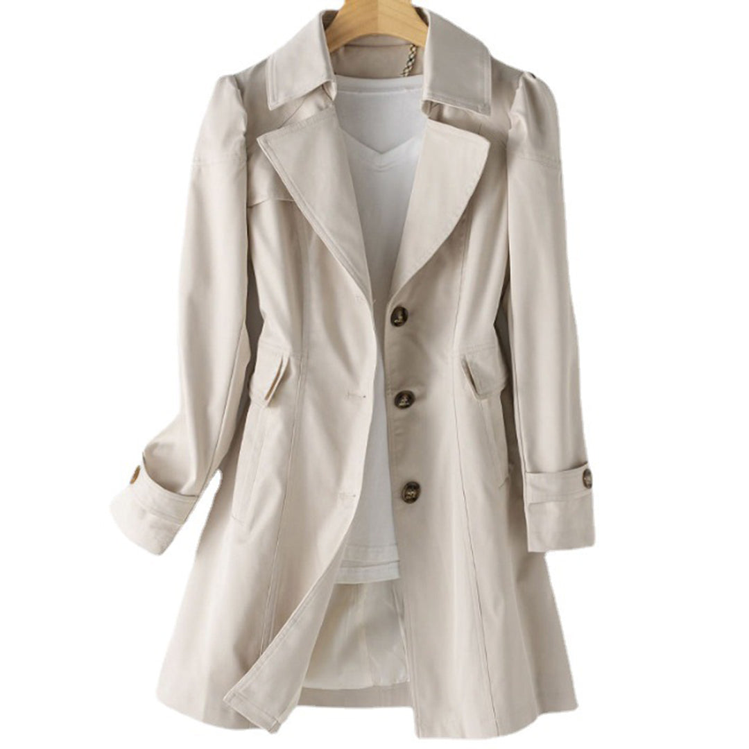 Women's classic double-breasted trench coat structured silhouette tailored fit timeless elegance