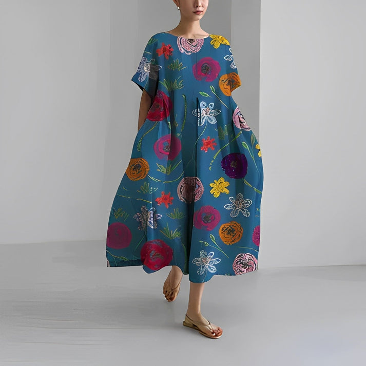 Women's relaxed fit floral midi dress with bold oversized botanical print in vibrant multicolor