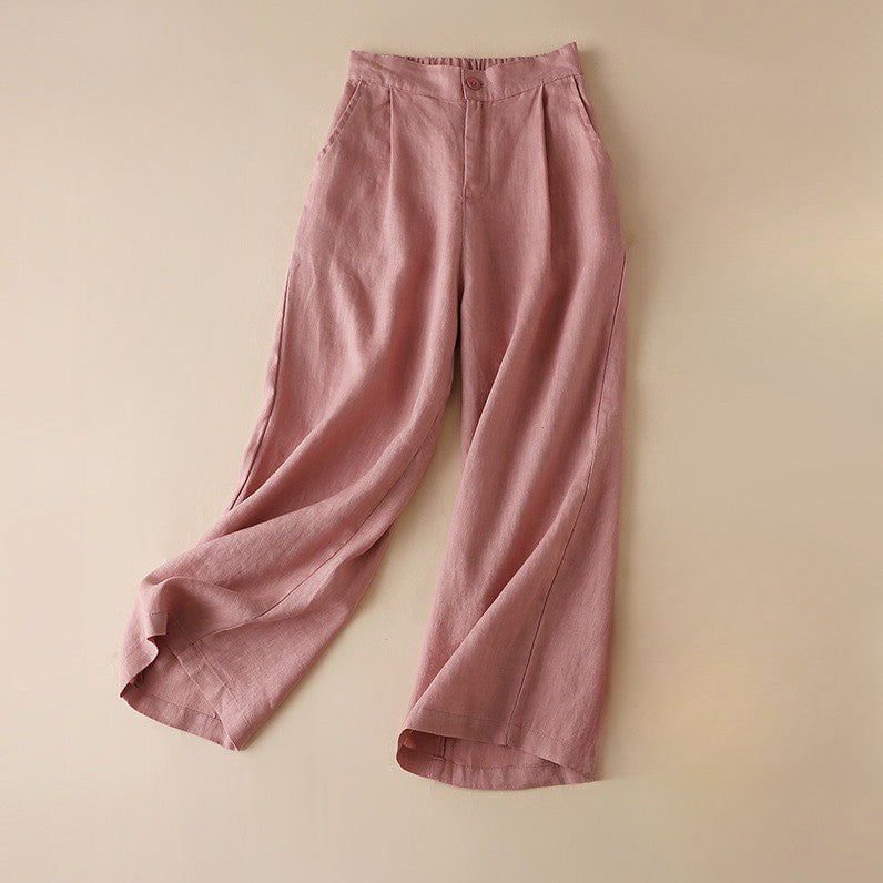 Women's natural linen wide-leg pants elastic waist breathable relaxed silhouette warm-weather style