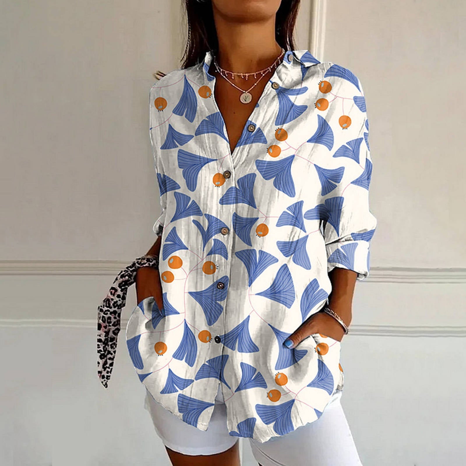 Floral botanical blouse relaxed fit lightweight poly-blend wearable art print multicolor shirt