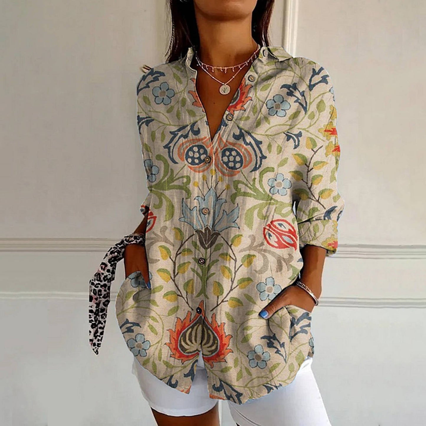 Multicolor floral wearable art blouse relaxed fit lightweight poly-blend botanical print shirt