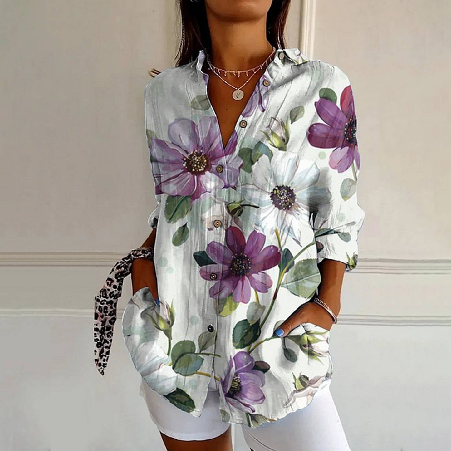 Multicolor floral botanical blouse relaxed fit wearable art lightweight poly-blend shirt fashion statement