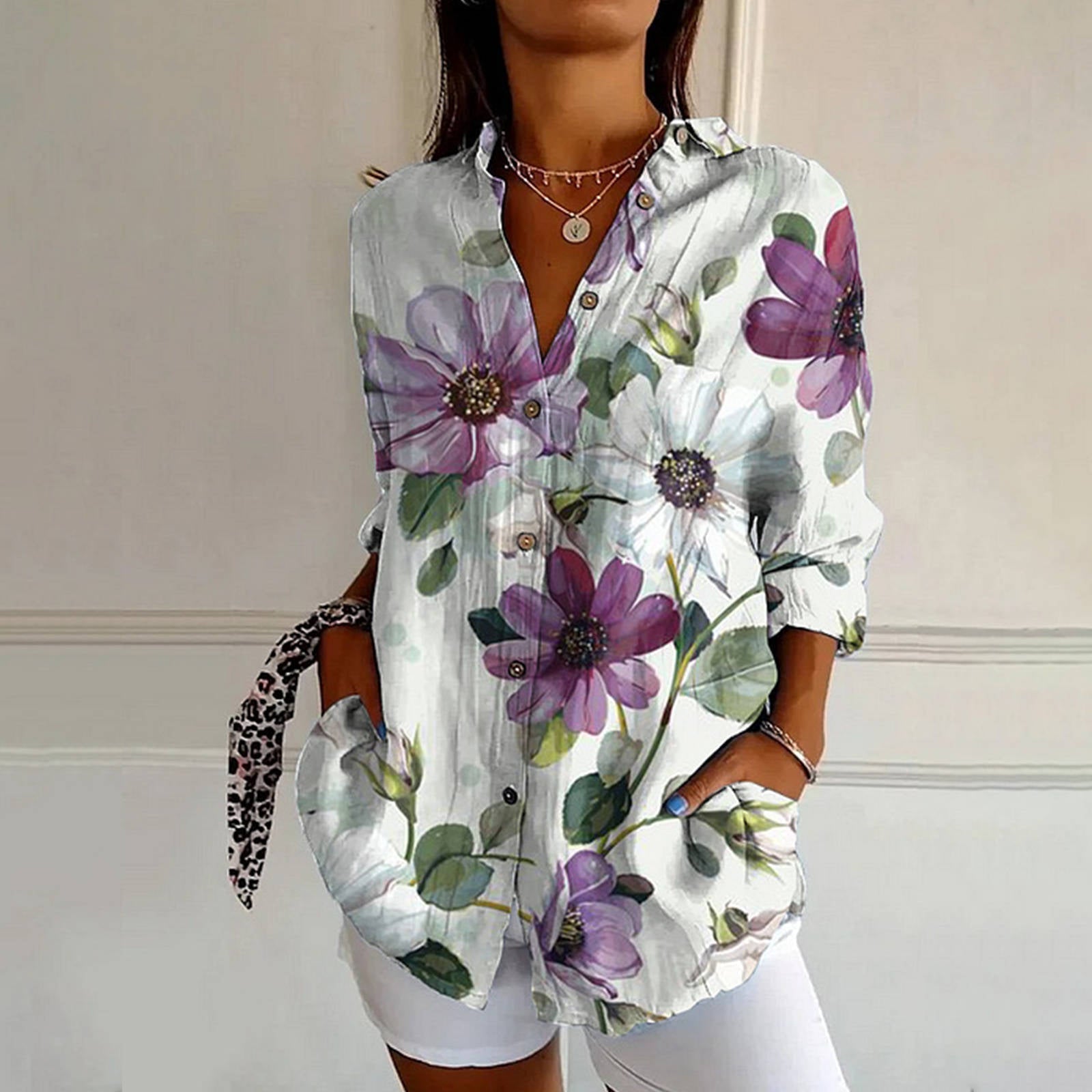 Multicolor floral botanical blouse relaxed fit wearable art lightweight poly-blend shirt fashion statement