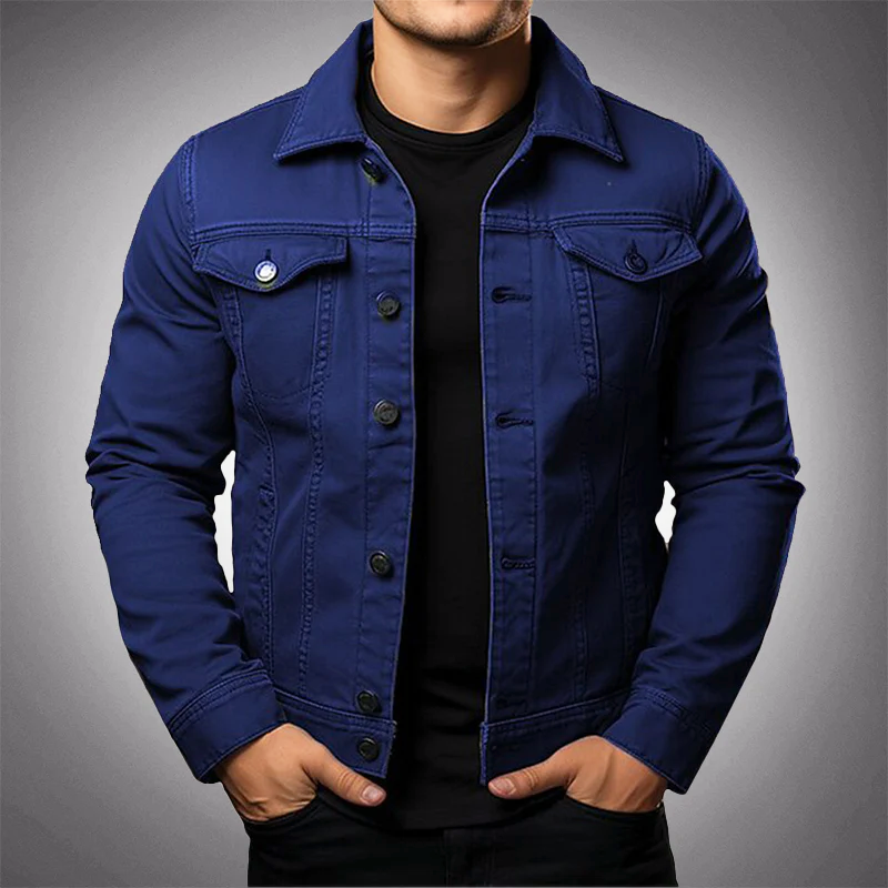 Men's blue denim jacket structured fit classic collar button closure breathable everyday casual wear