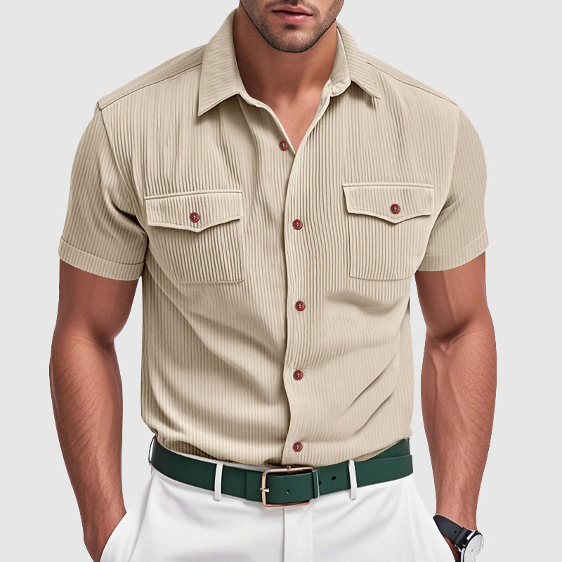 Men's urban poly-blend structured shirt in neutral tones, wrinkle-resistant tailored fit modern style