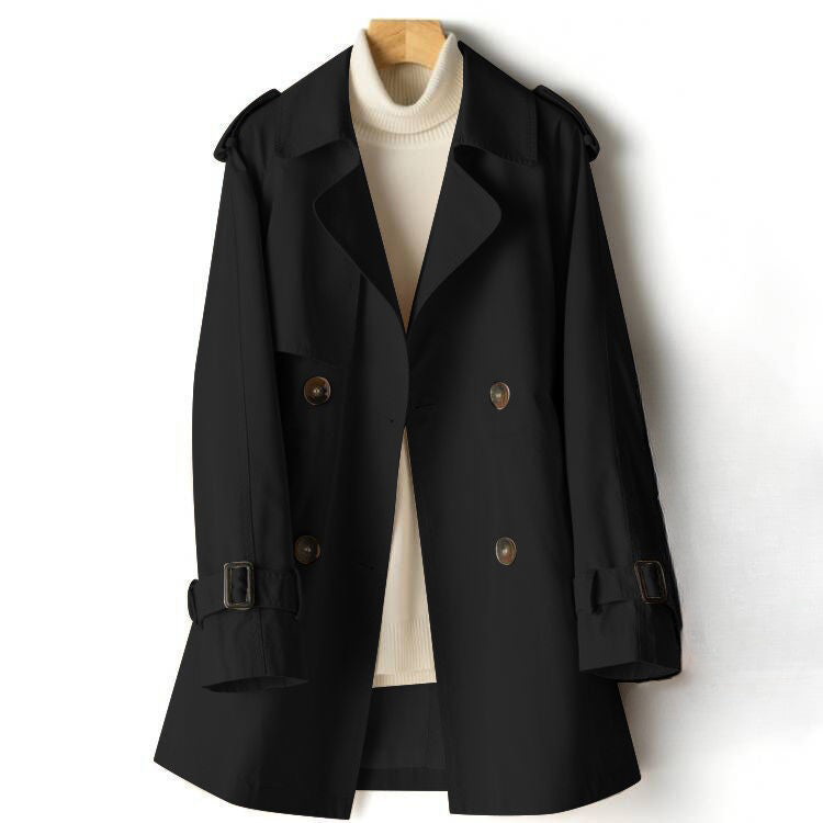 Lightweight beige poly-blend trench coat classic silhouette with modern detailing weatherproof luxury