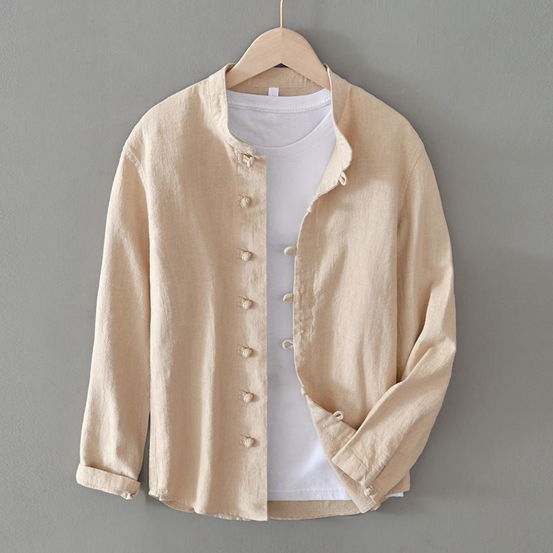 Roberto Russo men's beige linen-cotton shirt mandarin collar slim modern fit breathable luxury