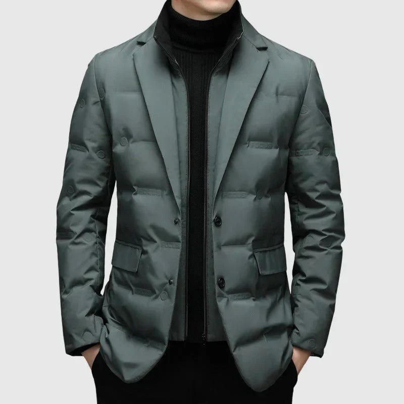 Men's navy quilted blazer-style jacket with notched lapel and two-button tailored closure