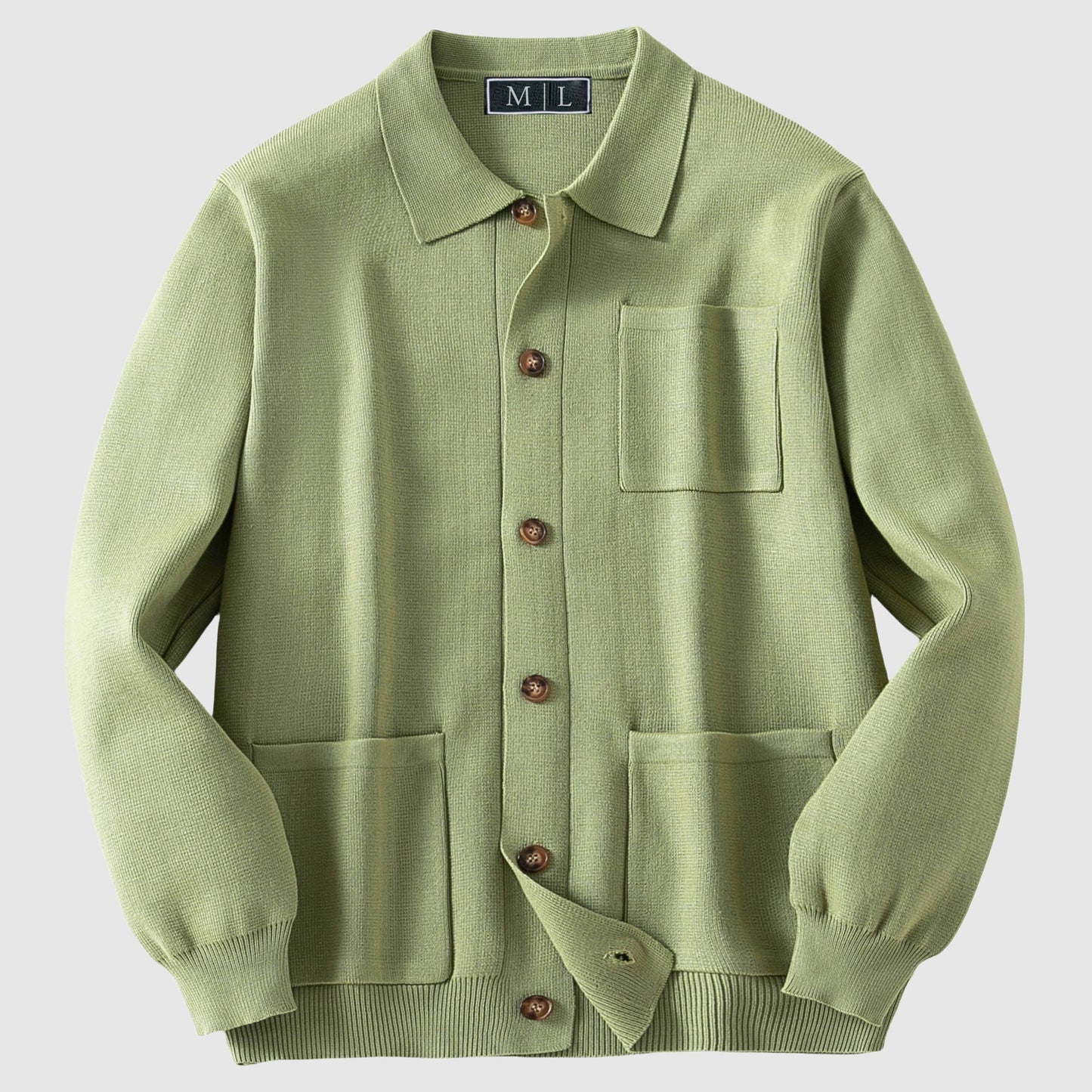 Sage green women's tailored knit cardigan with urban garden-inspired silhouette and three pockets