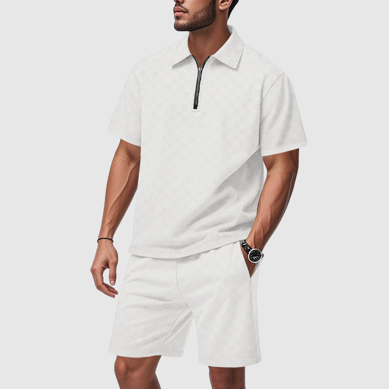 Roberto Russo men's geometric print resort set, polo and shorts matching ensemble in premium poly-blend