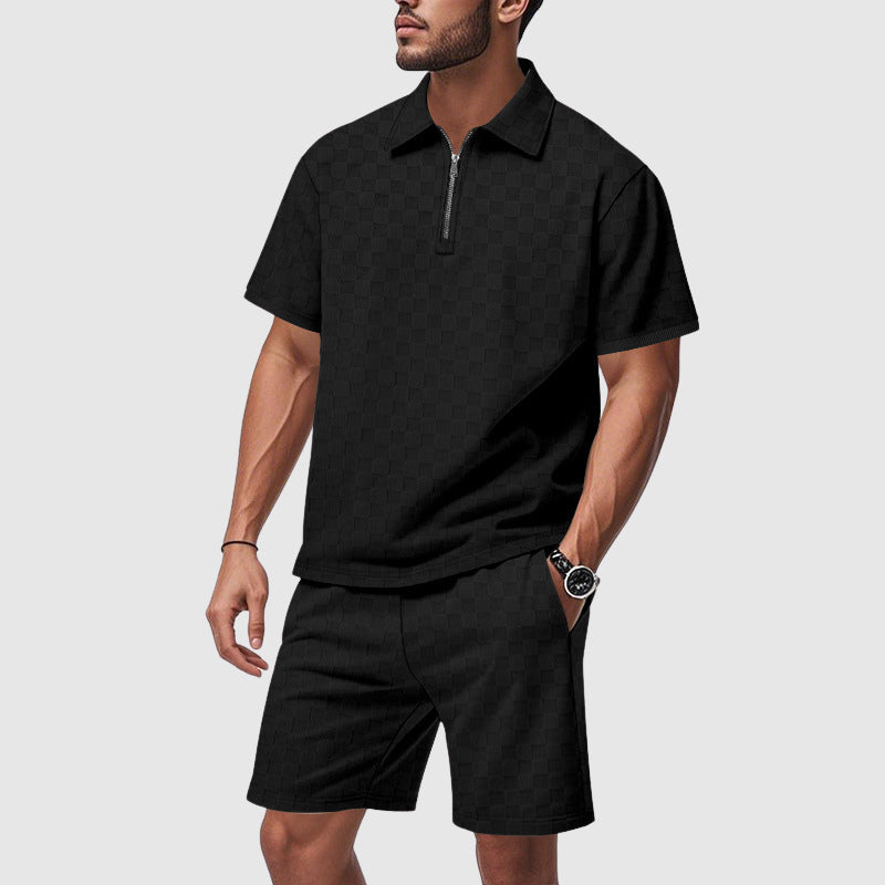 Roberto Russo men's geometric print resort set, white polo and shorts with bold pattern, premium vacation wear