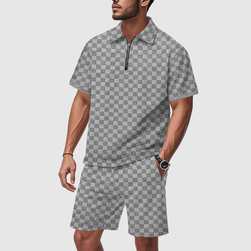 Roberto Russo men's geometric print resort set, polo and shorts in premium breathable poly-blend fabric