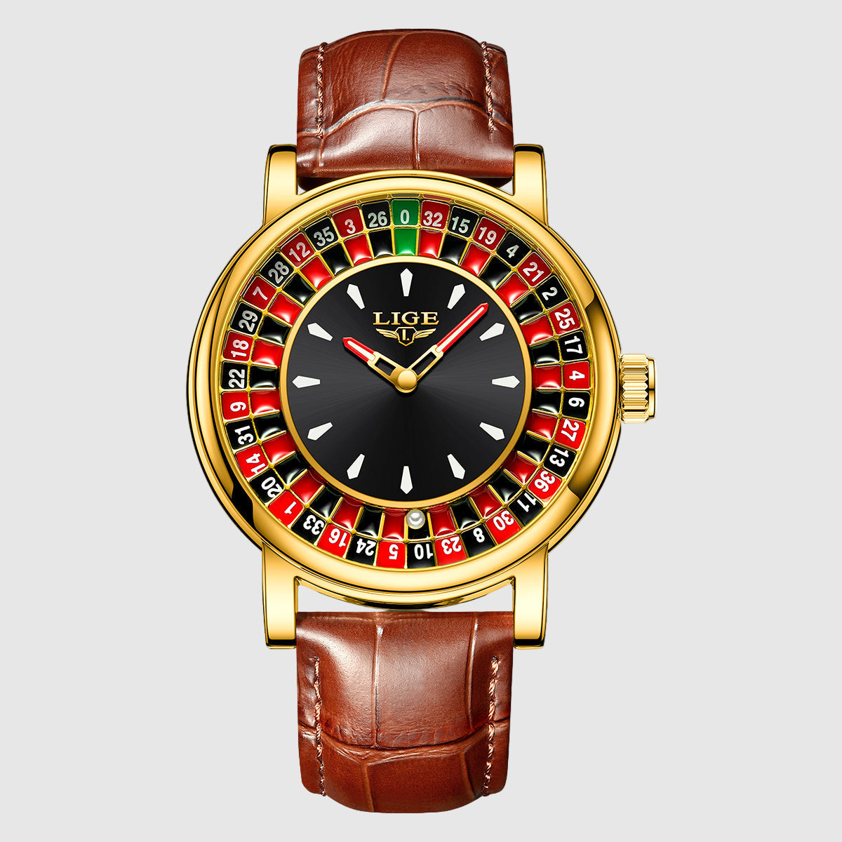 Men's Oliver themed print watch rose gold-tone case embossed faux leather strap luminous hands