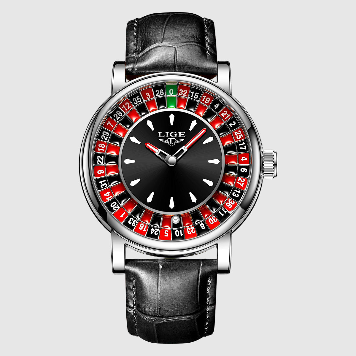 Men's Oliver themed print watch rose gold tone case embossed faux leather strap luminous hands