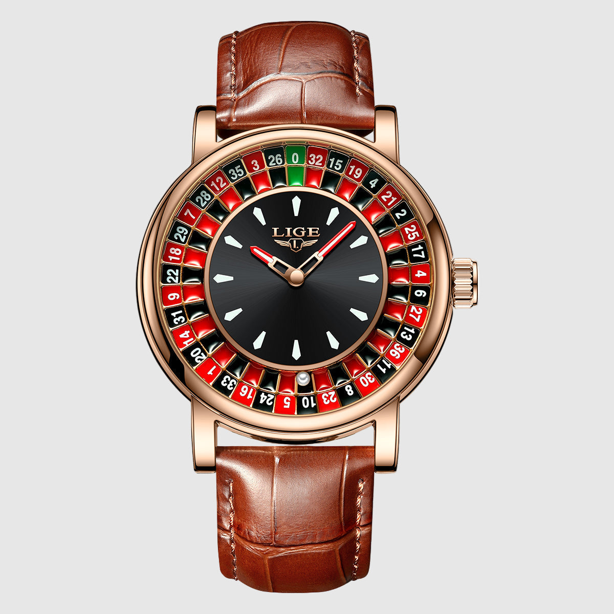 Men's Oliver themed print watch rose gold-tone case embossed faux leather strap luminous hands
