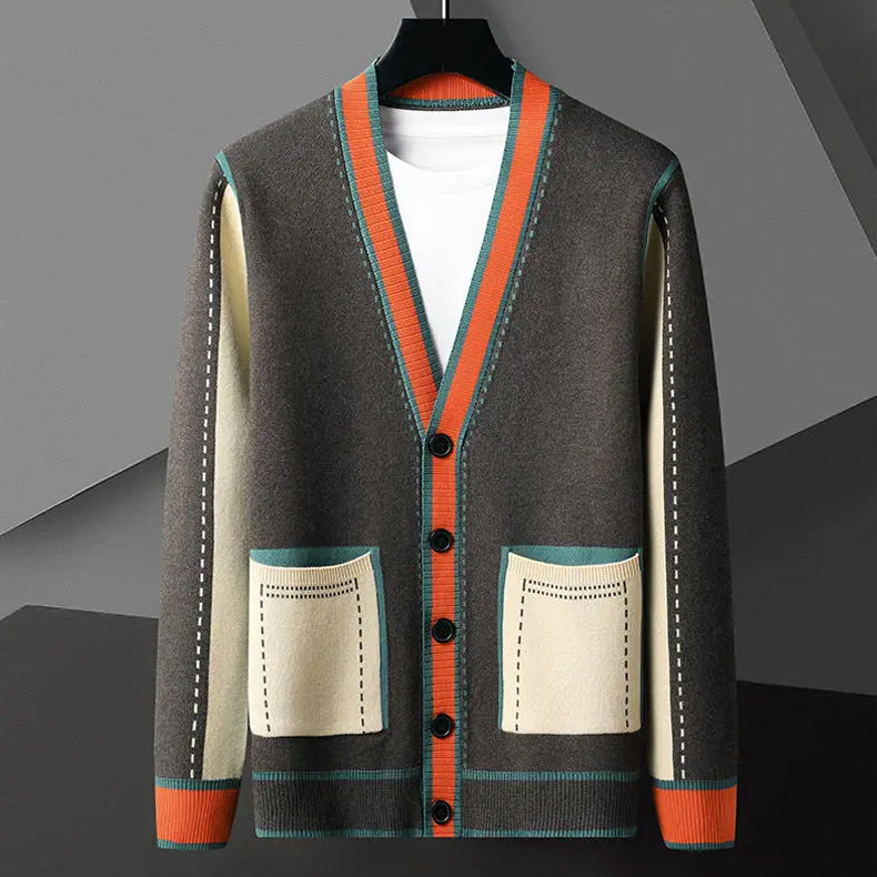 Women's geometric knit cardigan merino wool blend soft neutral tones relaxed premium stitching