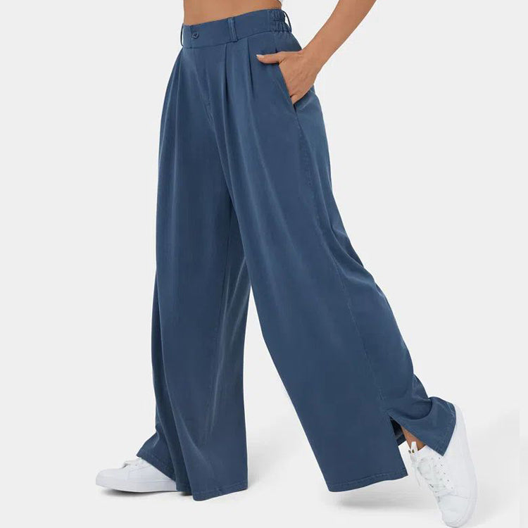 Valentina Rossi high-waist knit pants neutral tone relaxed fit sculpting silhouette poly-spandex blend