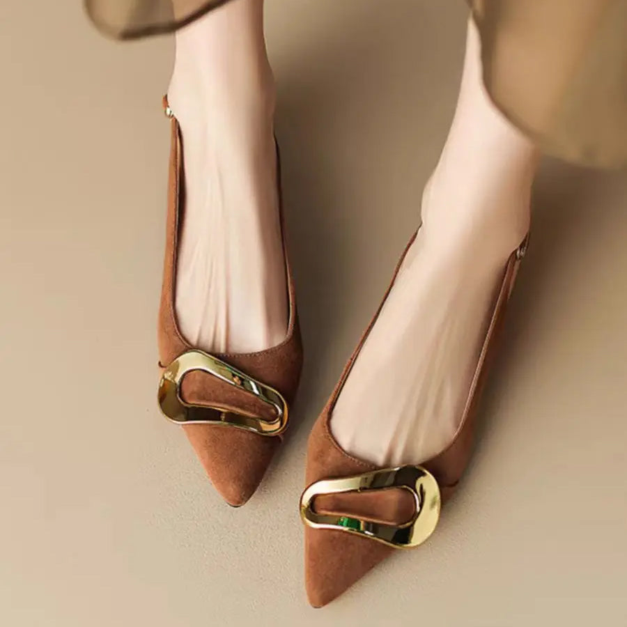Sofia Amoretti vegan suede pointed toe slingback flats with bold sculptural gold flourish accent