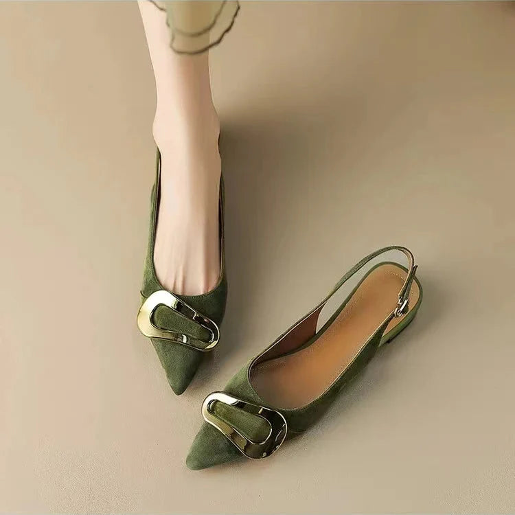 Sofia Amoretti vegan suede pointed toe slingback flats with bold sculptural gold flourish accent