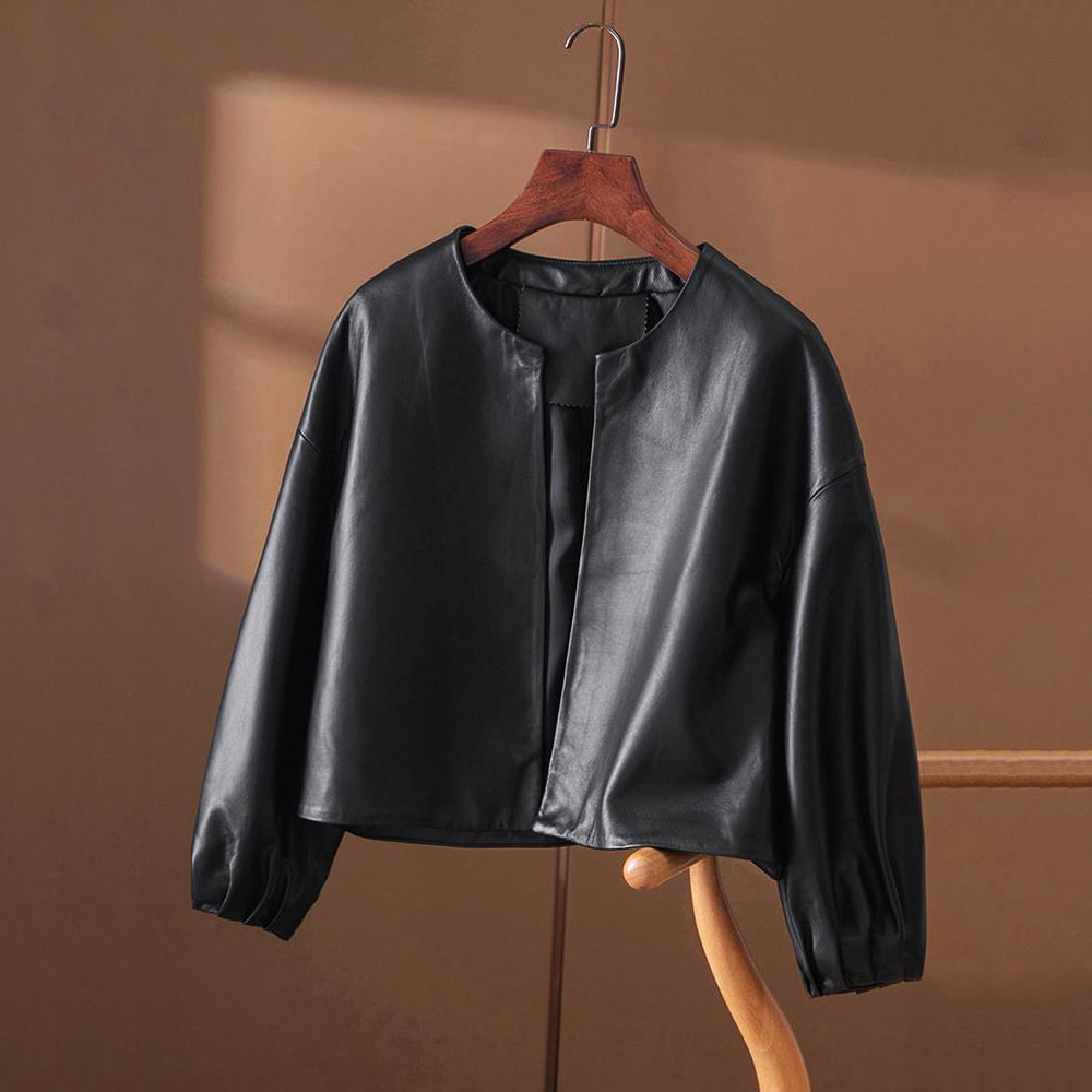 Women's black vegan leather tailored jacket with sculpted silhouette by Valentina Rossi