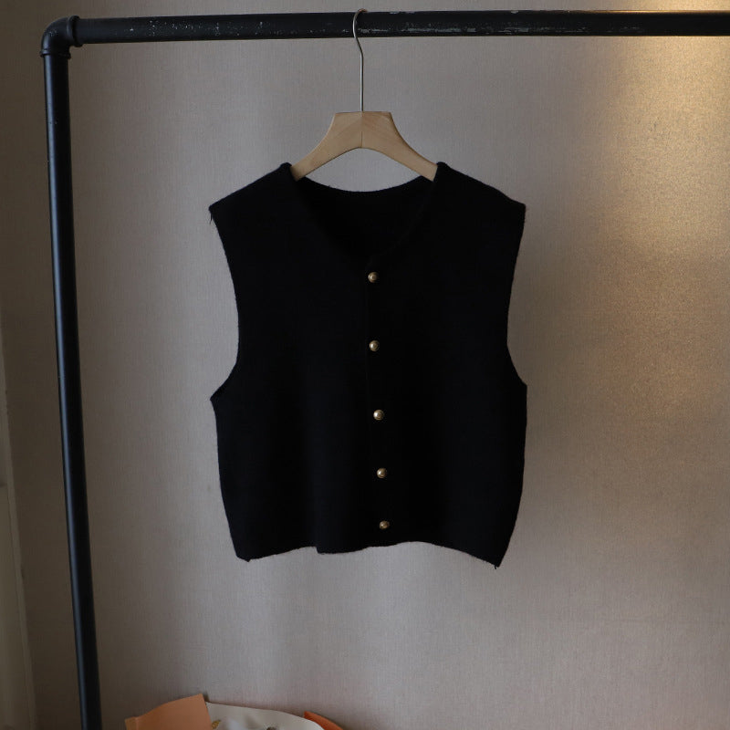 Ivory silky-soft knit vest with elegant draping and refined button closure for women