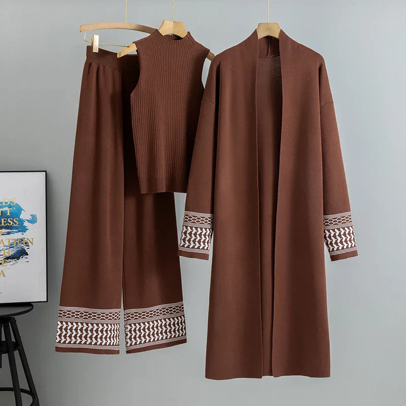Ivory three-piece ribbed set sleeveless top wide-leg pants longline open jacket embroidered luxury style