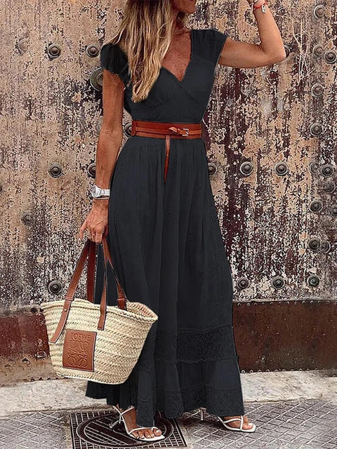 Women's flowy maxi dress with lace trim, V-neck, cotton blend, lightweight summer style