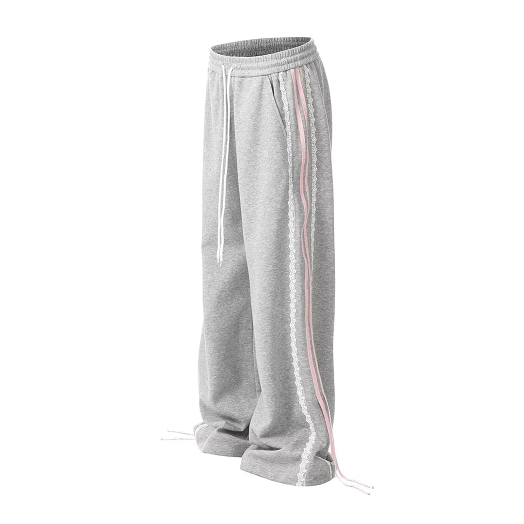 Women's loose fit midrise cotton sweatpants with floral lace stripe detail and drawstring waist