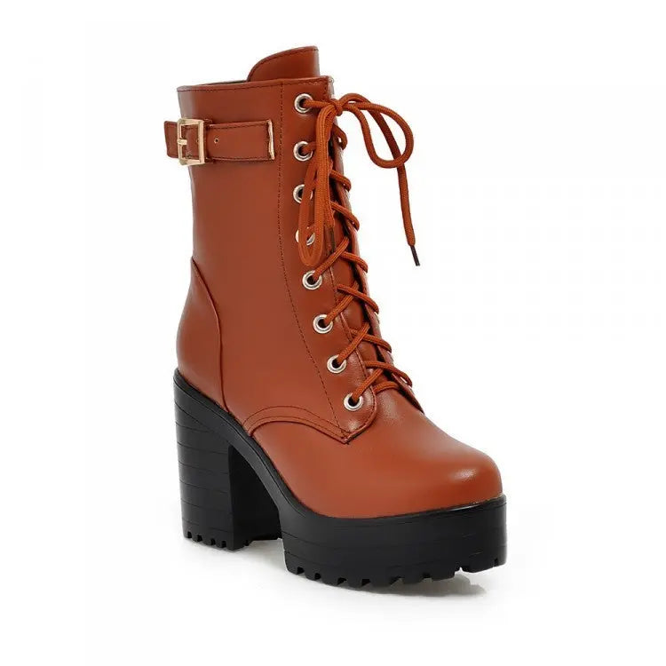 Women's black lace-up ankle boots soft PU leather 10cm heel platform versatile work-to-night style