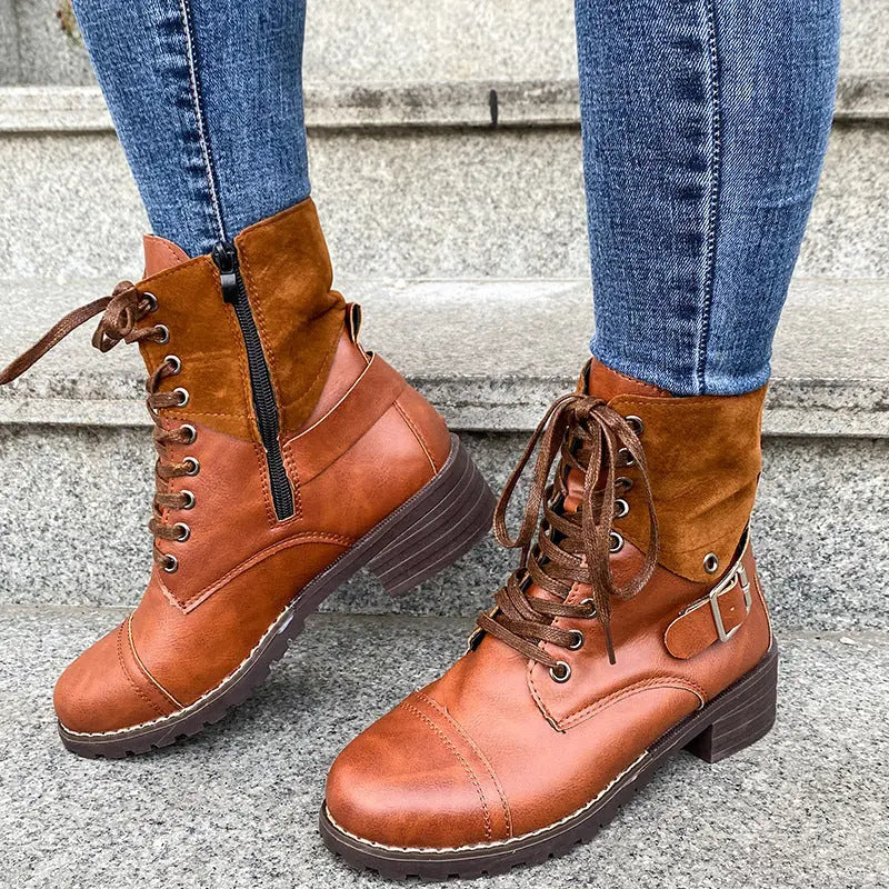 Women's black lace-up combat fashion boots with thick heel and round toe for winter warmth