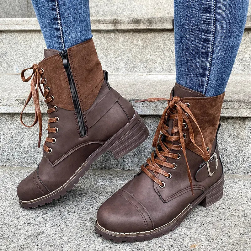 Women's black lace-up combat fashion boots with thick heel and round toe for winter warmth
