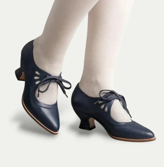Women's lace-up Mary Jane block heels in classic black PU leather with ankle strap comfort sole