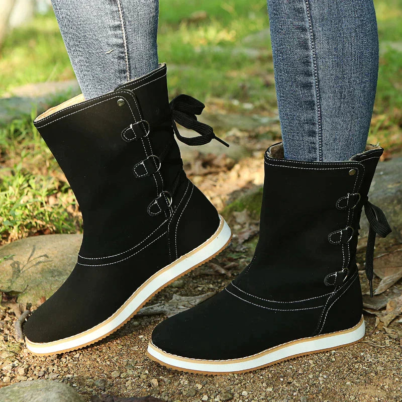 Women's brown suede-like lace-up mid-calf boots flat rubber sole everyday comfort style