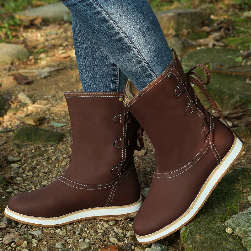 Women's brown suede-like lace-up mid-calf boots with flat rubber sole and chic lace detail