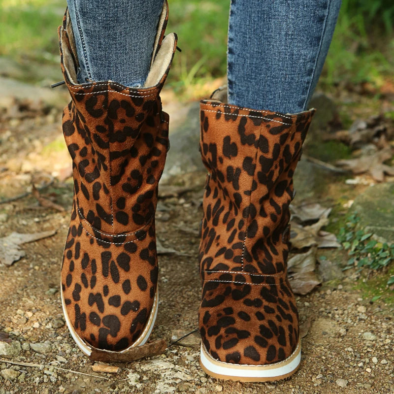 Women's brown suede-like lace-up mid-calf boots with flat rubber sole and chic front lacing