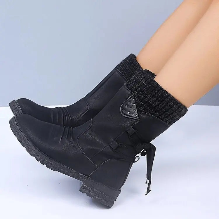 Women's suede lace-up winter boots with warm lining, mid-heel, and rugged rubber sole
