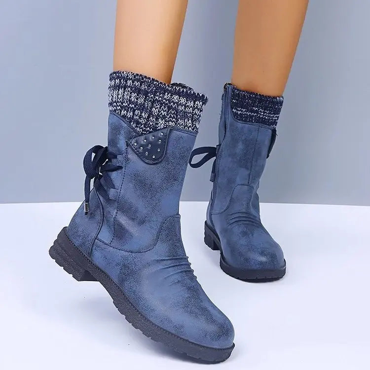 Women's suede lace-up winter boots with warm lining, mid-height heel, and rugged rubber sole
