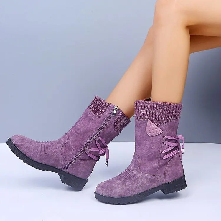 Women's suede lace-up winter boots with warm lining, mid-heel, and rugged rubber sole