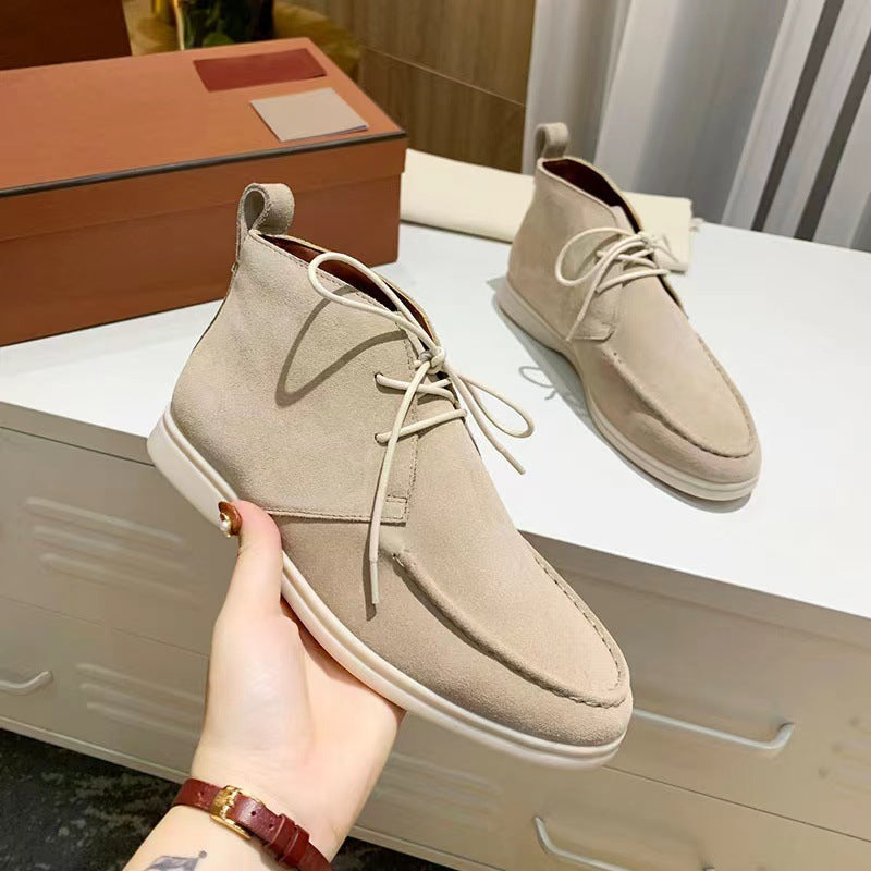 Women's faux suede lace-up high-top short boots flat sole round toe casual comfort style