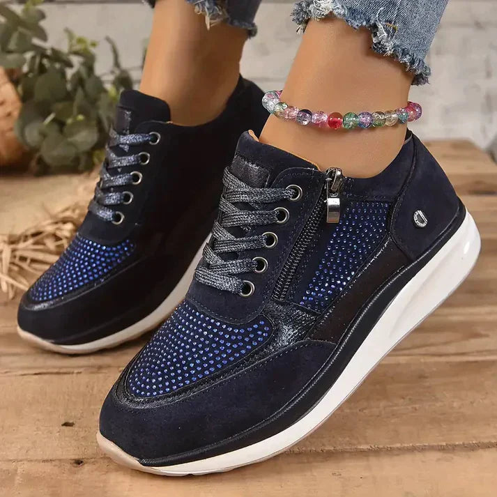 Women's white lace-up sneakers with side zipper, breathable fabric upper and cushioned sole