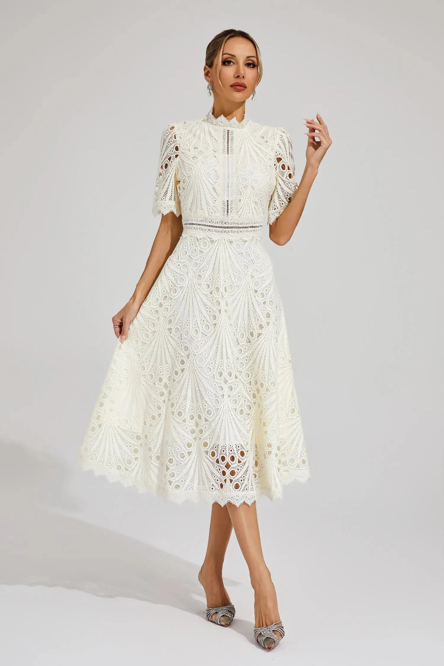 Ivory lace midi dress for women with delicate lace accents and flattering feminine silhouette