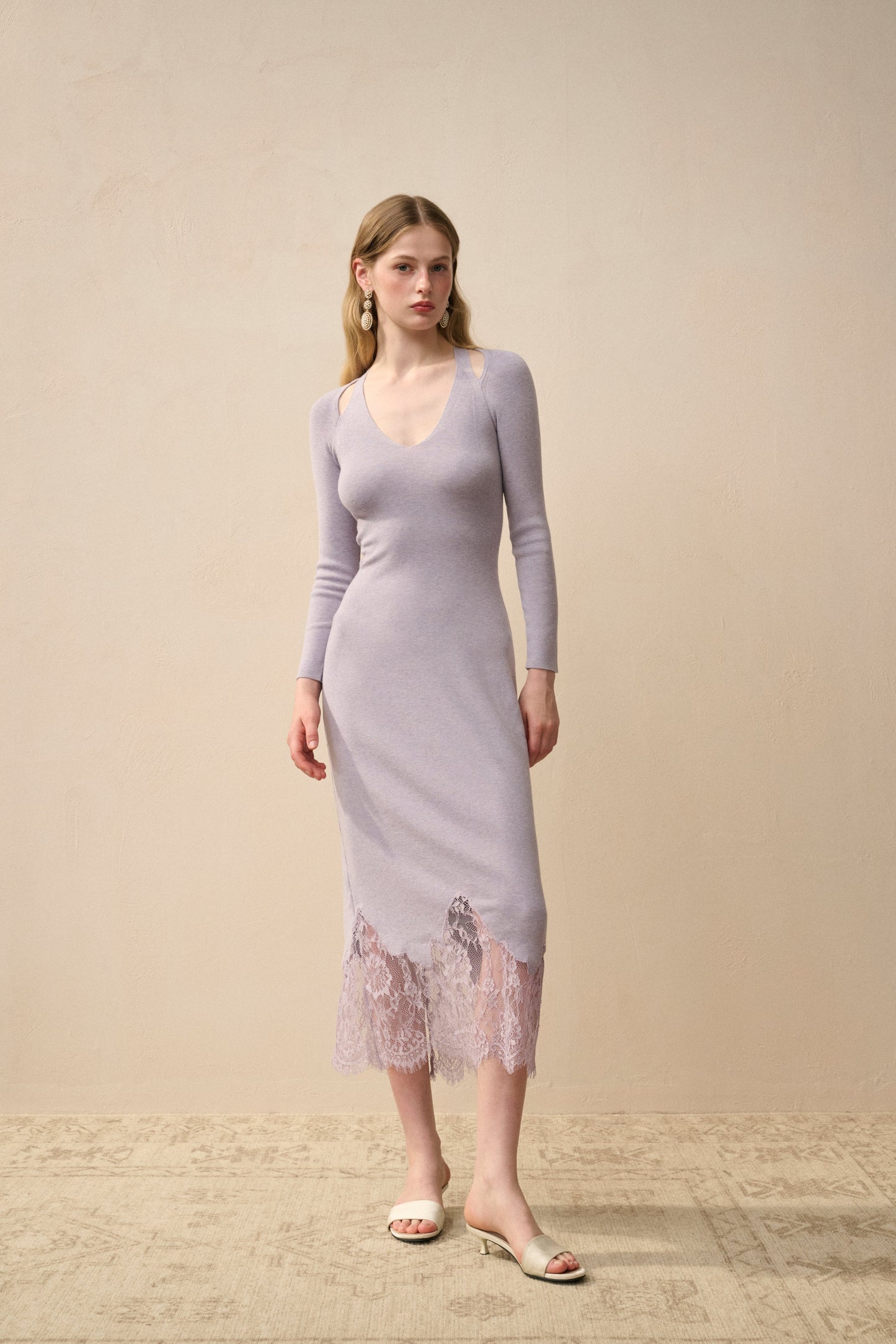Women's elegant knit midi dress with lace hem, long sleeves, V-neckline, body-skimming silhouette