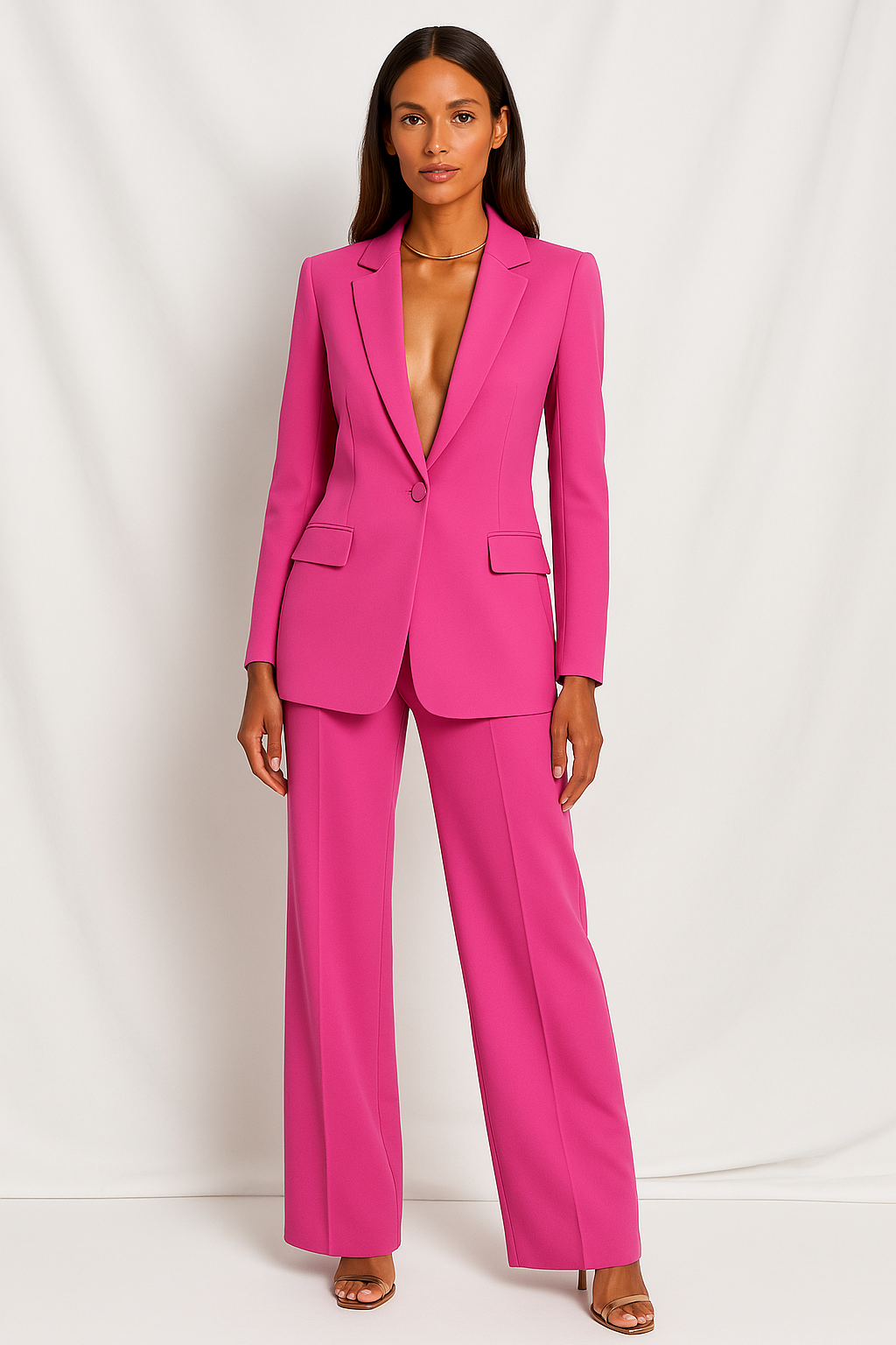Vivid yellow women's plunging trouser suit set, single-button blazer with notch lapels and straight-leg pants