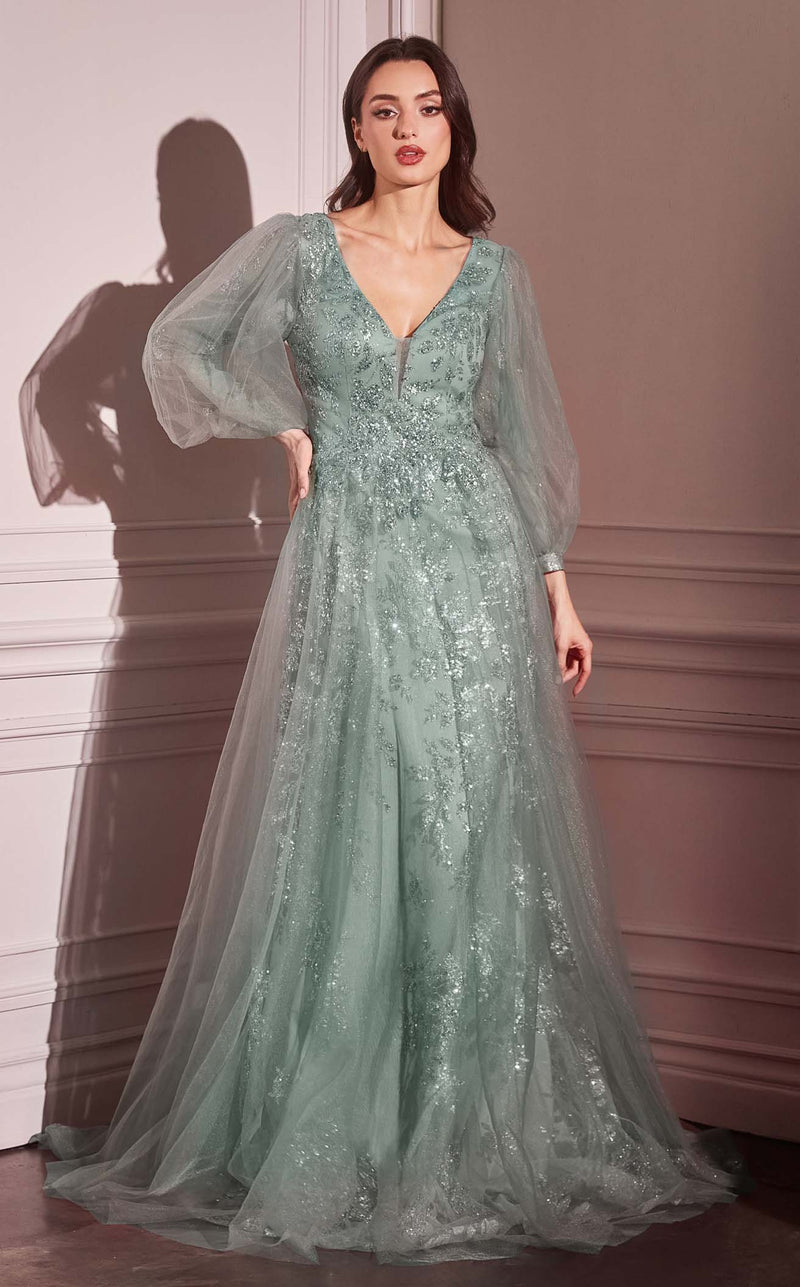 Modest long A-line mother of bride gown with floral embroidery, sequin accents, flowing tulle skirt
