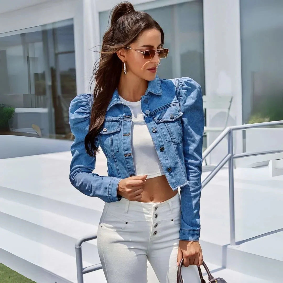 Women's cropped puff sleeve denim jacket vintage-inspired silhouette feminine layering essential