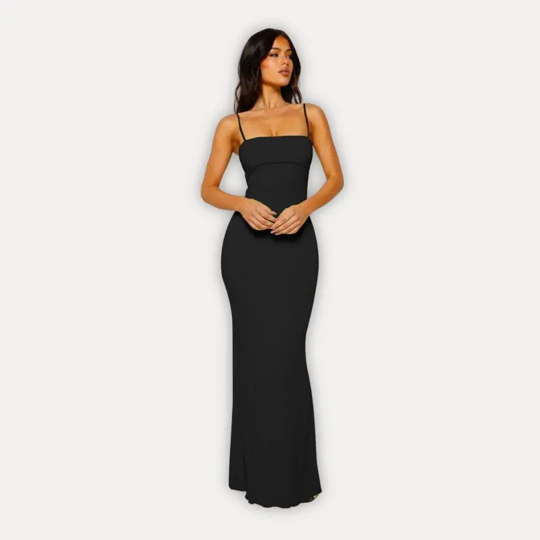 Black bodycon maxi dress spaghetti straps square neckline sleek figure-hugging silhouette