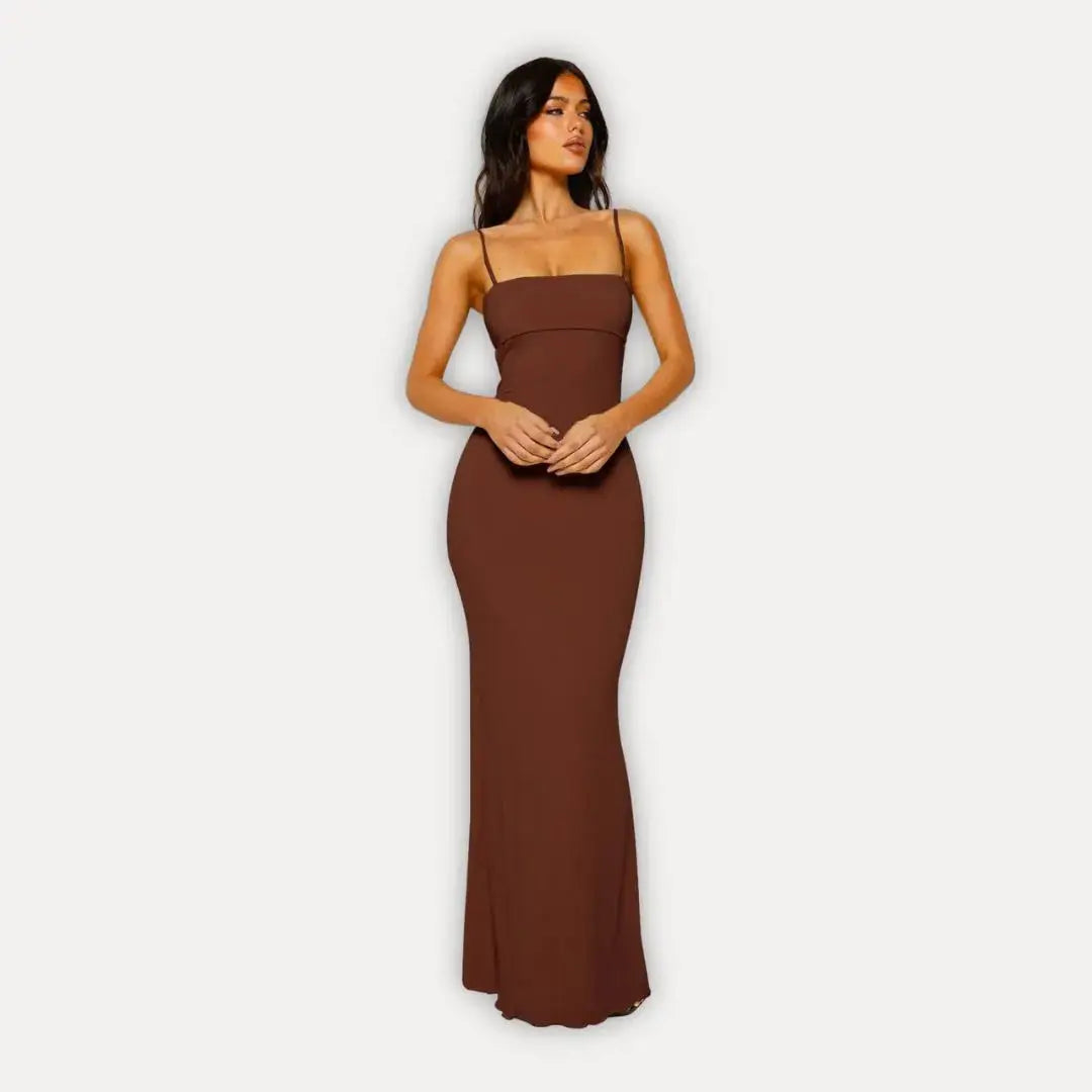 Black bodycon maxi dress spaghetti straps square neckline sleek figure-hugging silhouette