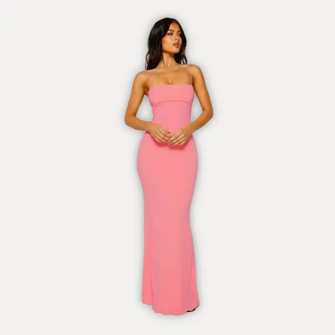 Black bodycon maxi dress spaghetti straps square neckline sleek figure-hugging silhouette