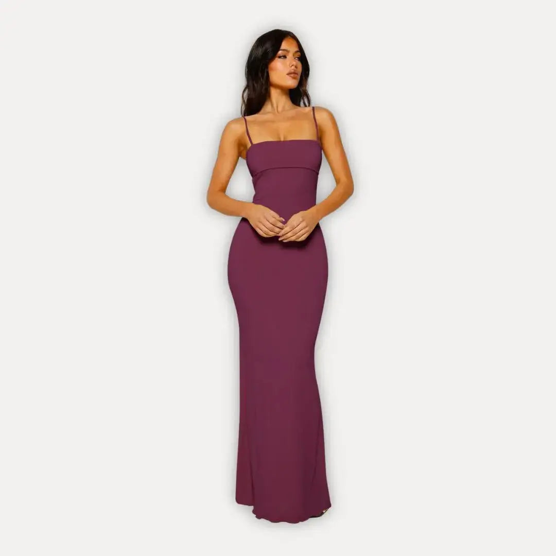 Black bodycon maxi dress with adjustable spaghetti straps and square neckline, sleek figure-hugging fit