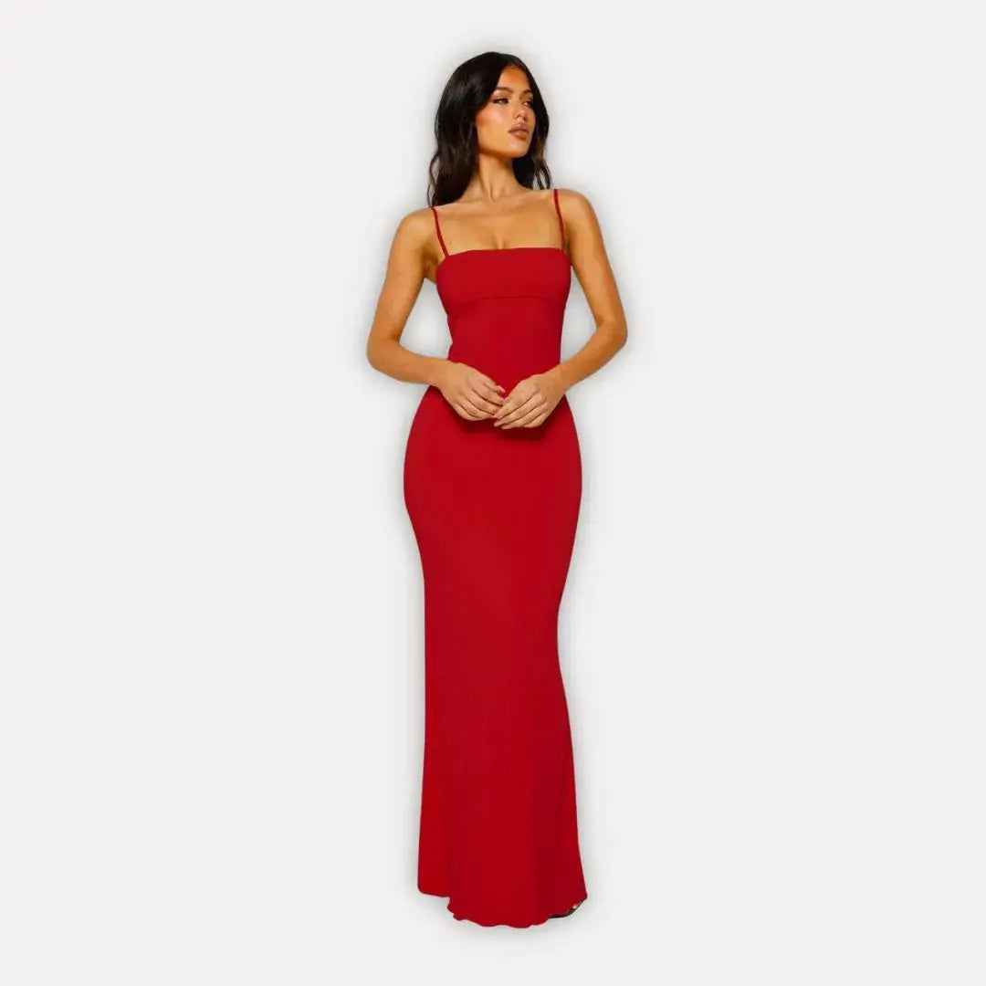 Black bodycon maxi dress with spaghetti straps, square neckline, sleek figure-hugging silhouette